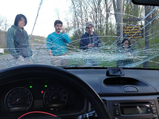 Windshield smashed on the way home.