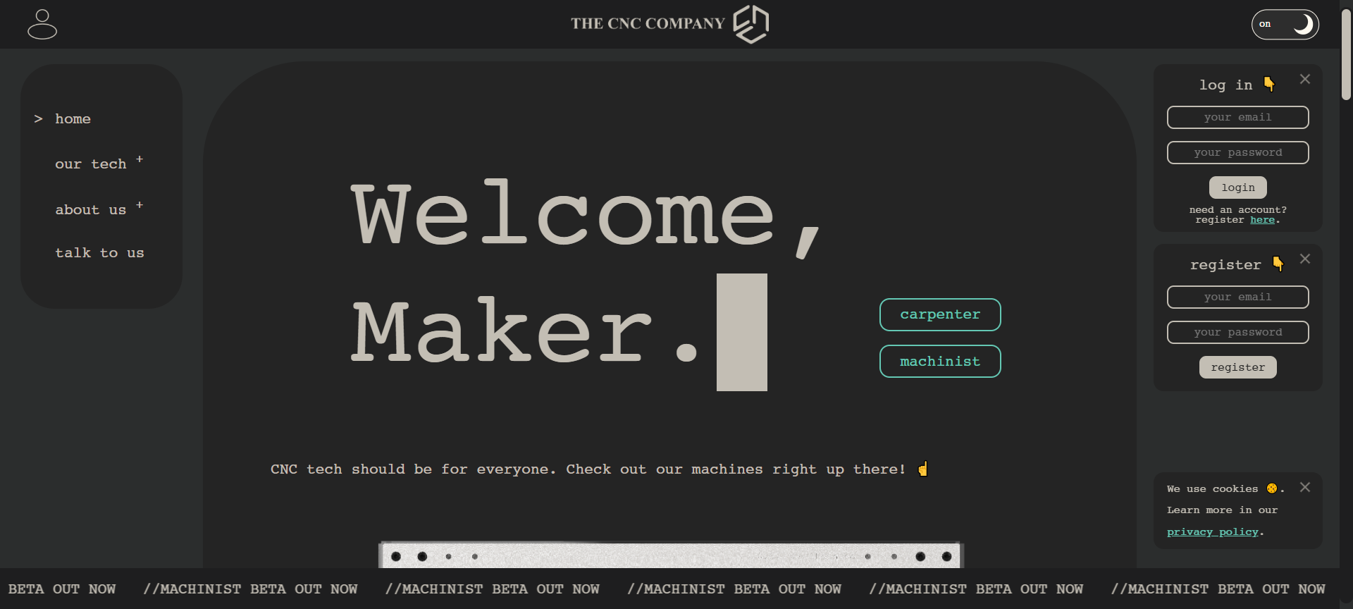 Landing page - dark mode.